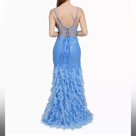 Dear Moon Juniors Periwinkle Illusion Corset Feather Skirt Gown Size 13 Sequins - Picture 2 of 16